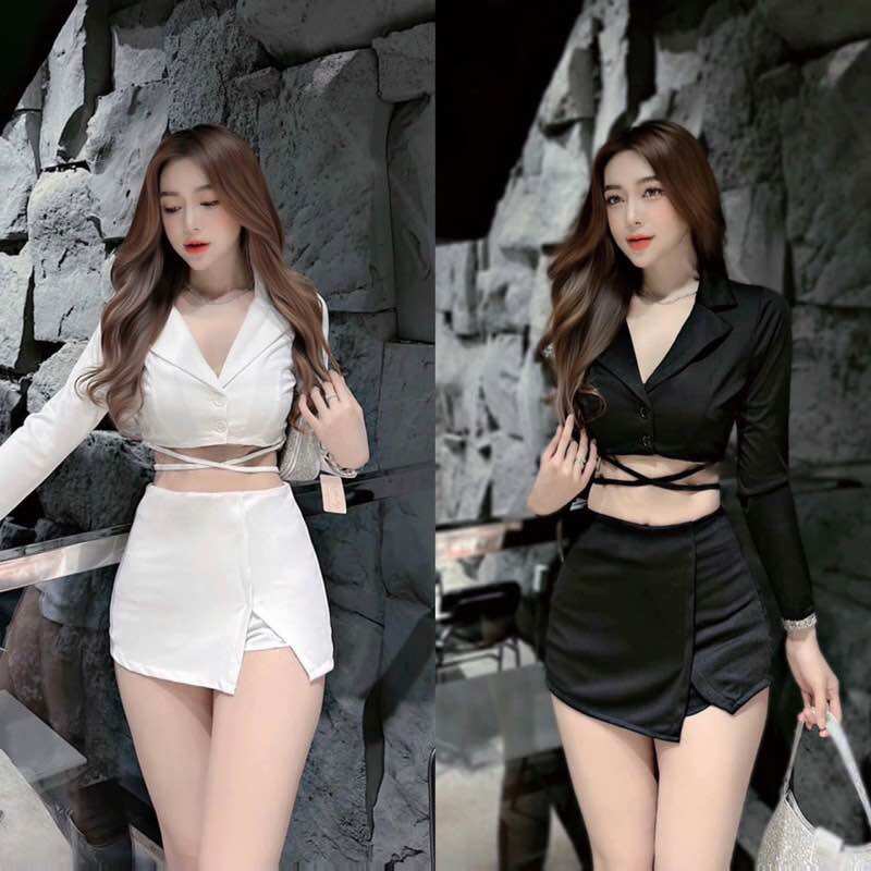 Kèm quà tặng-Sét váy áo vest phối dây buộc eo hở bụng xẻ đùi sexy