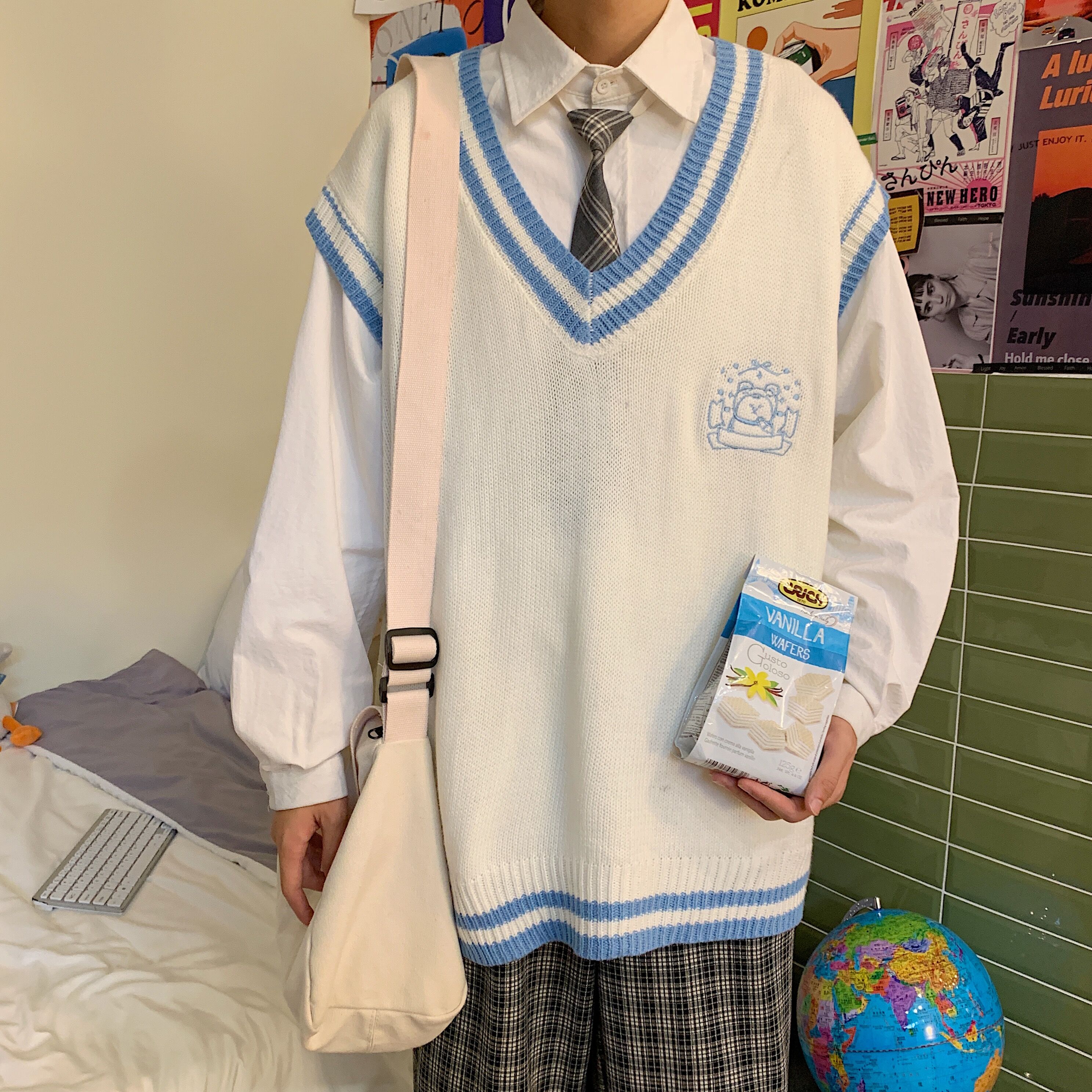 Áo Len Nam Cổ Chữ V Phong Cách Harajuku Áo Vest Dệt Kim Cao Cấp Hở Lưng Áo Thư Giãn Mùa Thu Phong Cách Sống Áo Khoác Ngoài Dành Cho Thanh Thiếu Niên