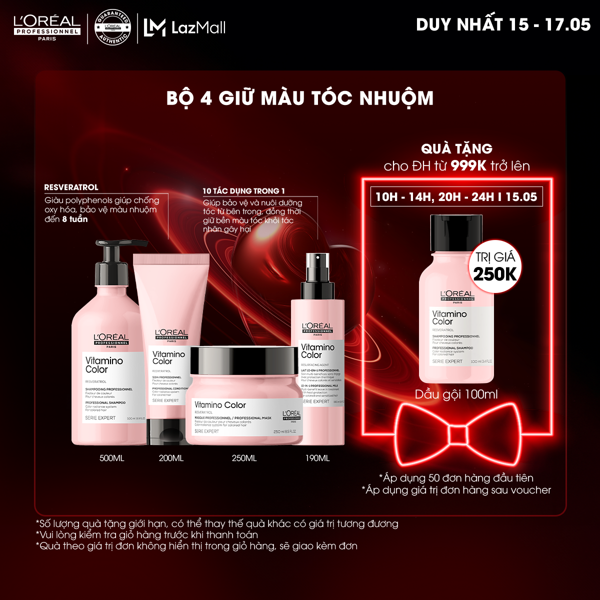 Combo Dầu gội 500ml, Dầu xả 200ml, Dầu hấp 250ml & Xịt dưỡng 190ml giữ màu tóc nhuộm & dưỡng tóc mềm mượt L'Oréal Professionnel Serie Expert Vitamino Color
