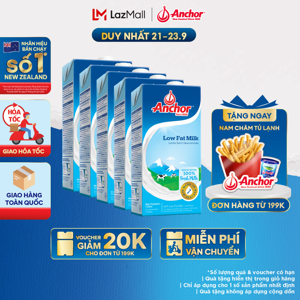 [GIAO HÀNG HỎA TỐC - HCM] Combo 5 Sữa Tươi Tiệt Trùng Anchor Ít Béo Hộp 1 Lít