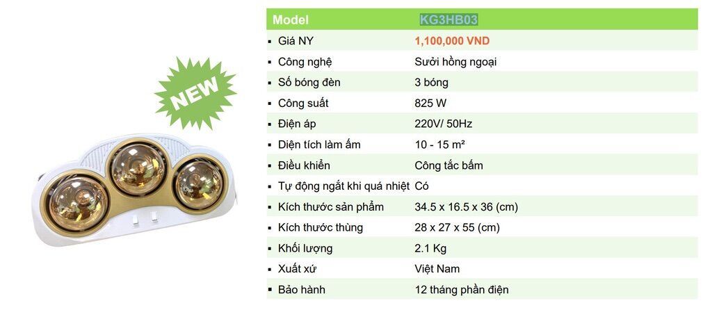 Đèn sưởi nhà tắm 3 bóng Kangaroo KG3BH03