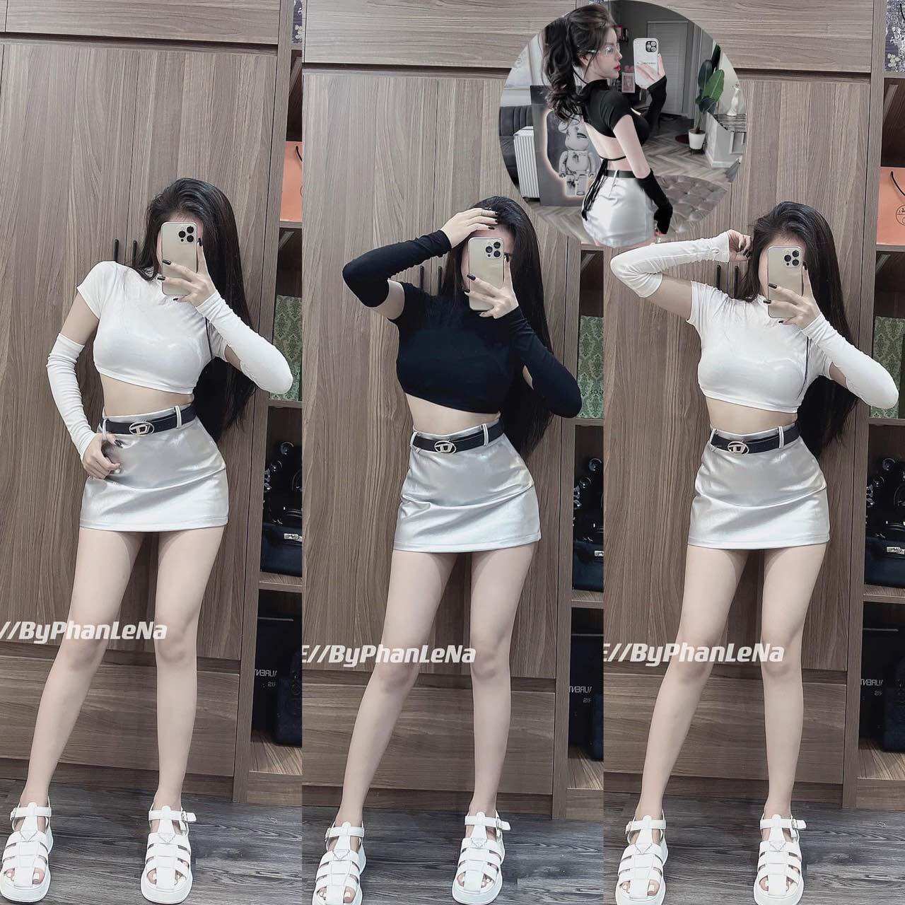 Set áo croptop chân váy da kèm belt y hình
