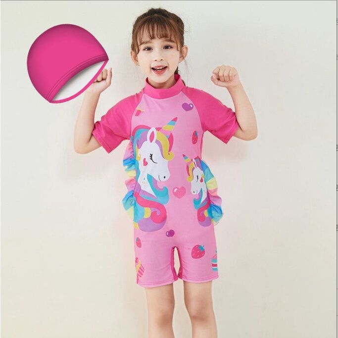 Bộ đồ bơi cho bé gái hình ngựa Pony kèm nón bơi vải thun bơi chuyên dụng tay ngắn hoạt hình kỳ lân 1