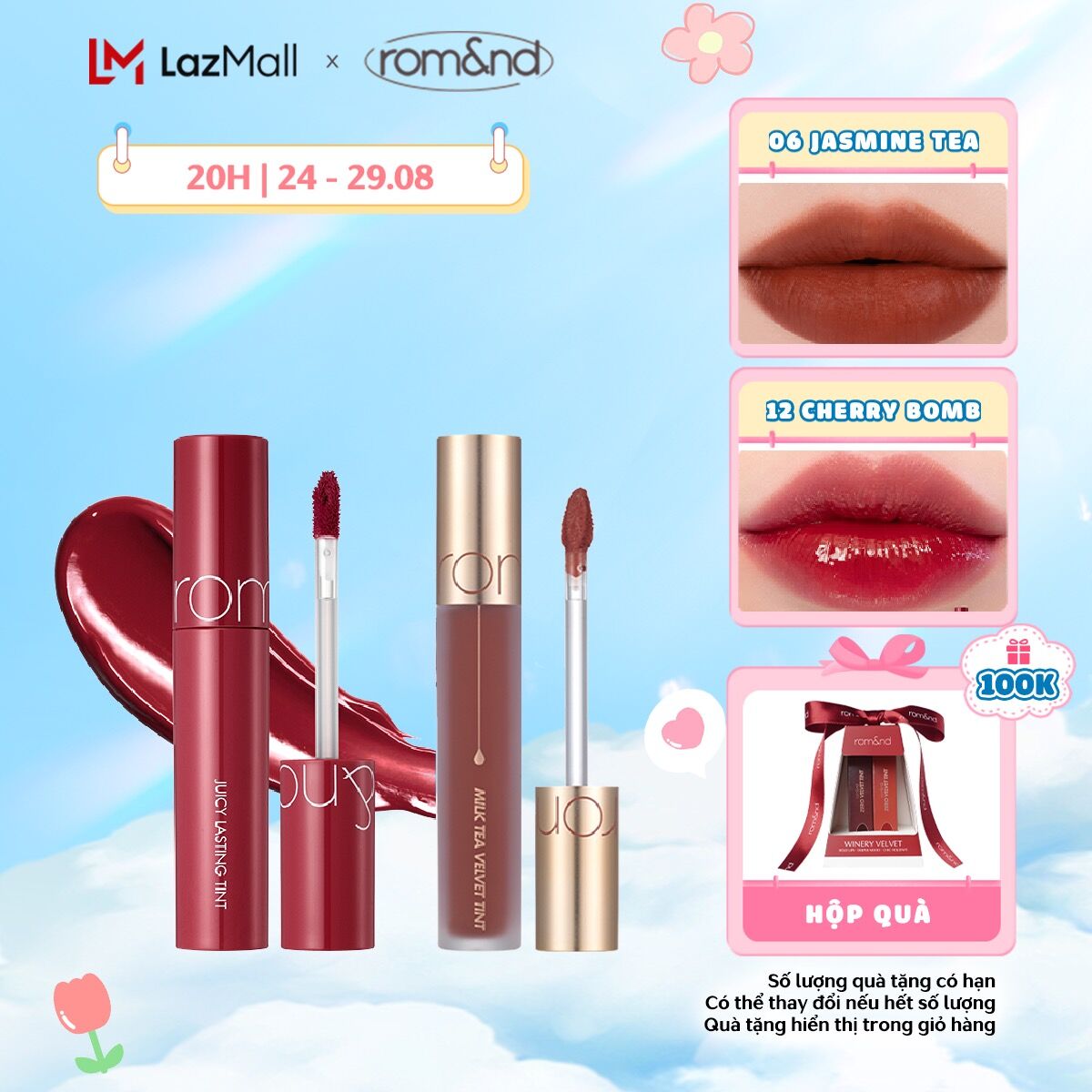 Combo son kem lì romand milk tea velvet tint 4.4g + son tint lì hàn quốc romand juicy lasting tint 5.5g