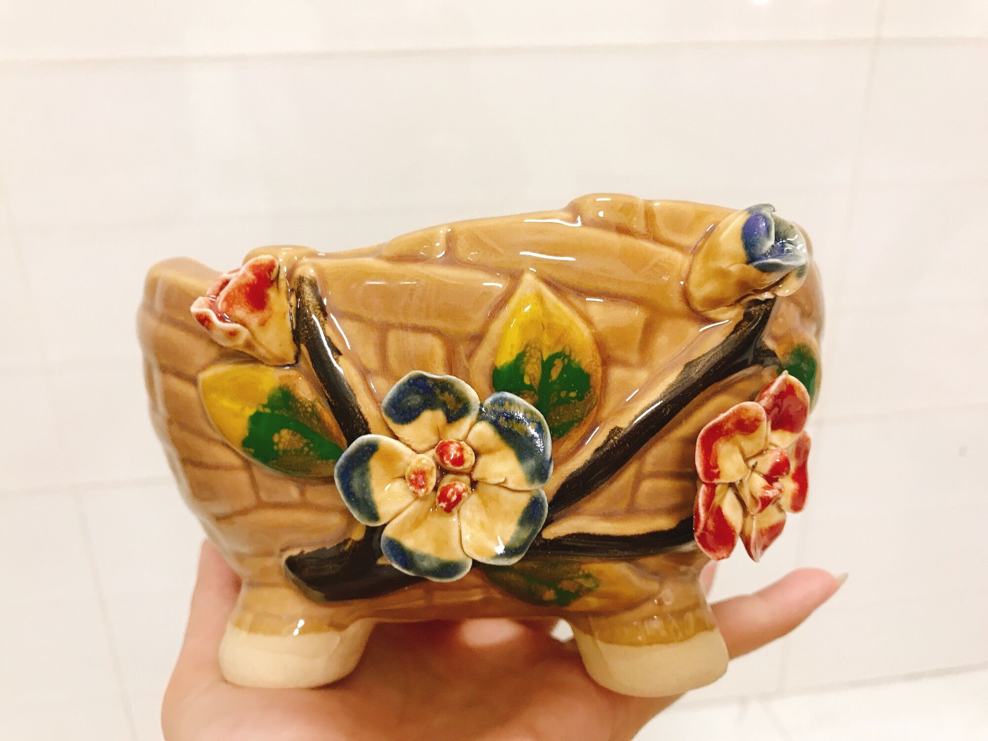 Chậu men đắp hoa 3D (thích hợp trồng sen đá sương rồng)
