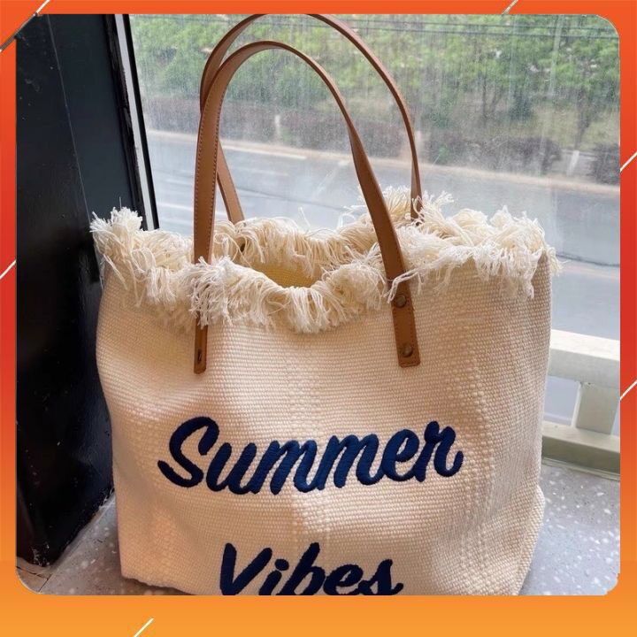 Túi xách lớn vải canvas, túi vải tua ra thêu chữ summer vibes cá tính