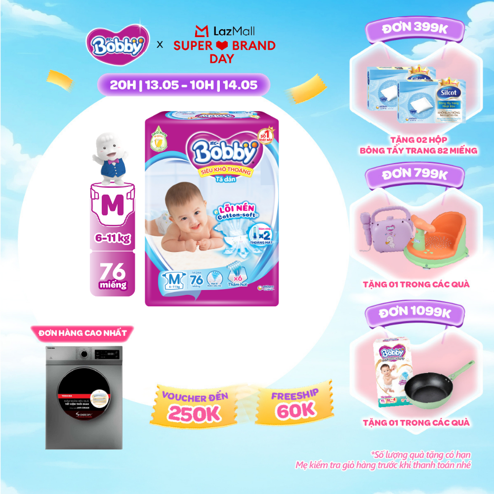 [CHỈ 20h 13.05 QT Đơn 899K/1199K]Tã dán Bobby Lõi nén thần kì 3mm Gạo non Giảm nhiệt M76 - 76 miếng