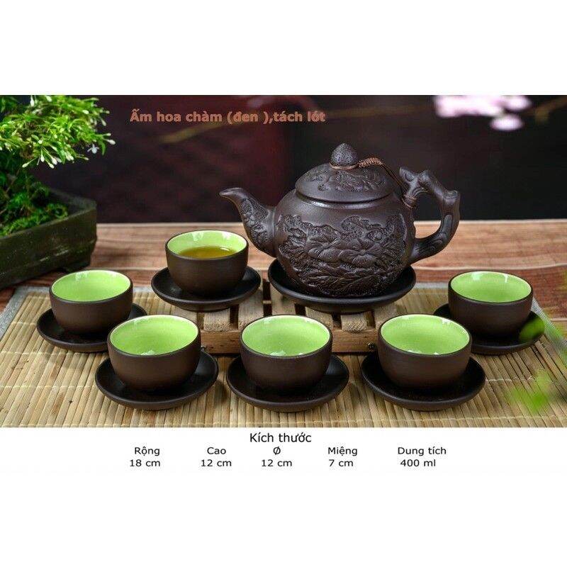 BỘ ẤM CHÉN TỬ SA BÁT TRÀNG HOA CHÂM TÁCH LÓT LÒNG CHÉN XANH