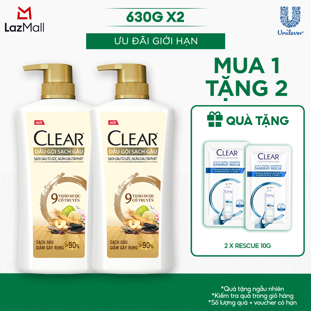 Combo 2 Dầu Gội CLEAR 9 Thảo Dược Cổ Truyền Sạch Gàu Giảm Gãy Rụng 630G x 2