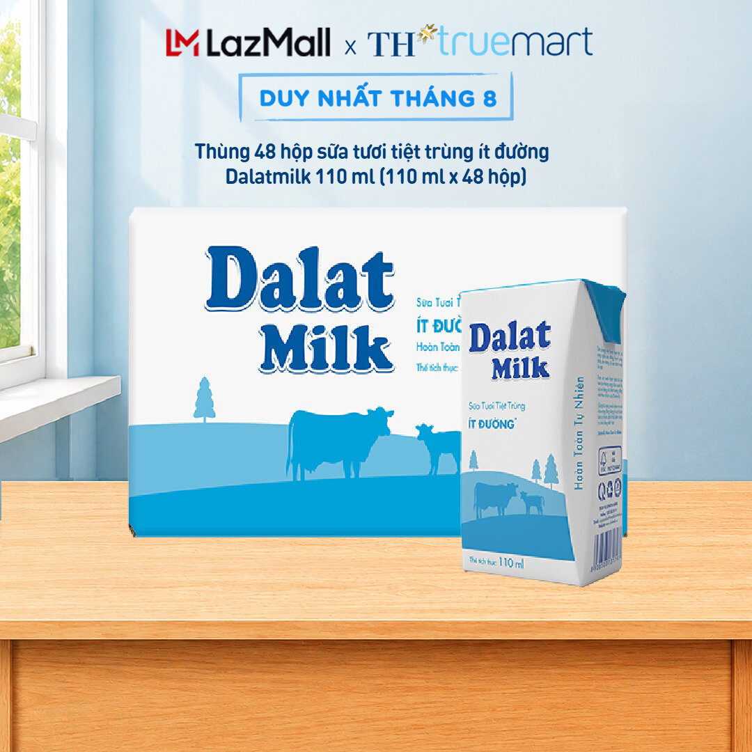 Thùng 48 hộp sữa tươi tiệt trùng Dalatmilk ít đường 110 ml (110 ml x 48)