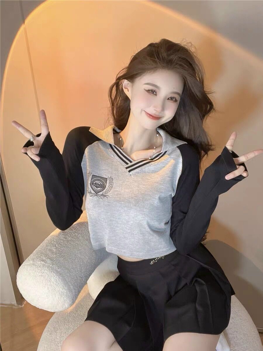 Áo croptop tay dài cổ bẻ học sinh BG