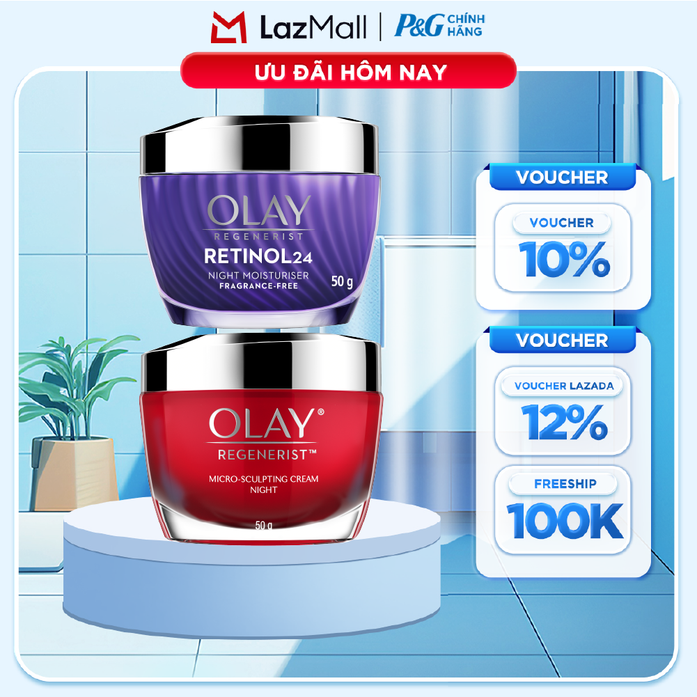 Combo Kem Dưỡng Ban Đêm OLAY REGENERIST Căng Mướt, Sáng Khỏe  Phục Hồi Dấu Hiệu Lão Hóa Hũ 50G + Kem Dưỡng Ban Đêm OLAY RETINOL24 Giúp Giữ Nét Tươi Trẻ Cho Da  Mờ Nếp Nhăn Hũ 50G