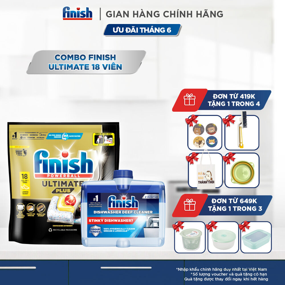 Viên Rửa Chén Bát Finish Powerball Ultimate Plus Intensive Lemon Sparkle 18 Viên + Dung Dịch Vệ Sinh Máy Finish 250ml
