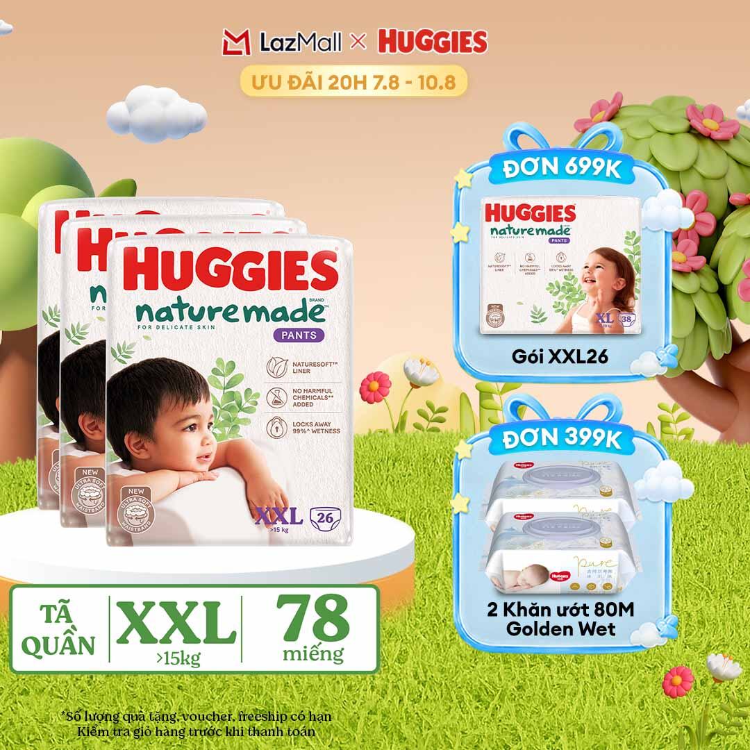 [20h 7-10.8 QUÀ TẶNG ĐƠN 399K] Combo 3 Tã/Bỉm quần HUGGIES PLATINUM NatureMade XXL26 (Trên 15kg)-Gói Jumbo 26 miếng