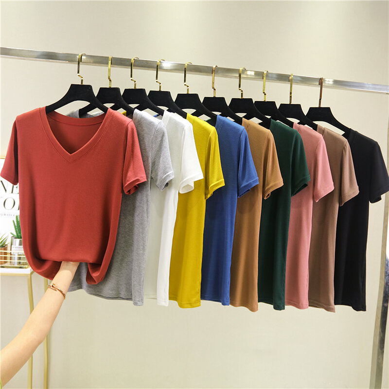 Áo Cổ Chữ V Áo Phông Tay Ngắn Tôn Dáng Gầy Dễ Phối Mùa Hè Cho Nữ Áo Mặc Trong Vải Modal Cỡ Lớn Màu Trơn Ôm Dáng Mặc Trong Mỏng Tay Lỡ