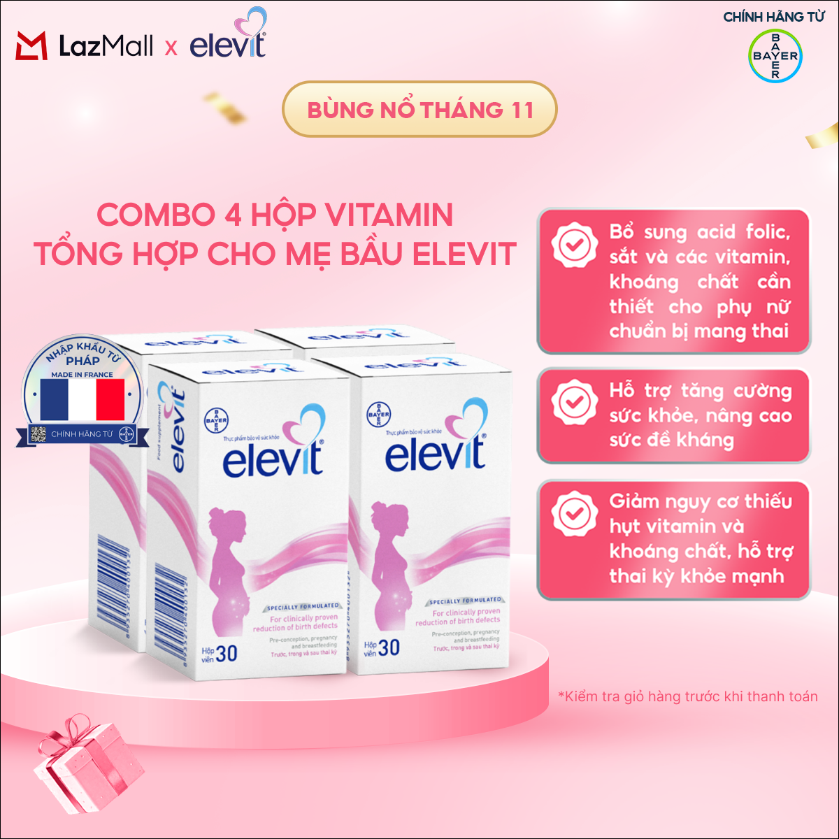 Bộ 4 Hộp Vitamin Bầu Tổng Hợp Elevit Cho Phụ Nữ Trước Trong và Sau Thai Kỳ (30 Viên/ Hộp)
