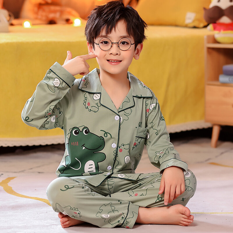 Đồ ngủ trẻ em đồ mặc ở nhà khủng long đáng yêu hoạt hình bé trai cotton dài tay xuân thu bé trai bộ đồ cardigan