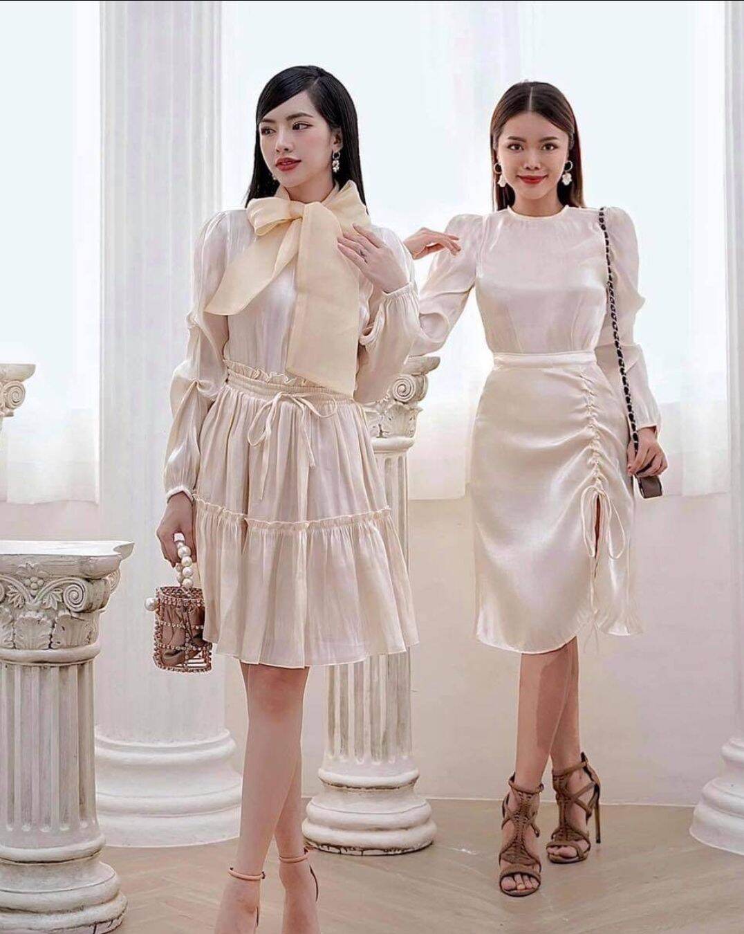 [HCM][STUNNING] Set lụa organza áo cổ tròn chân váy midi