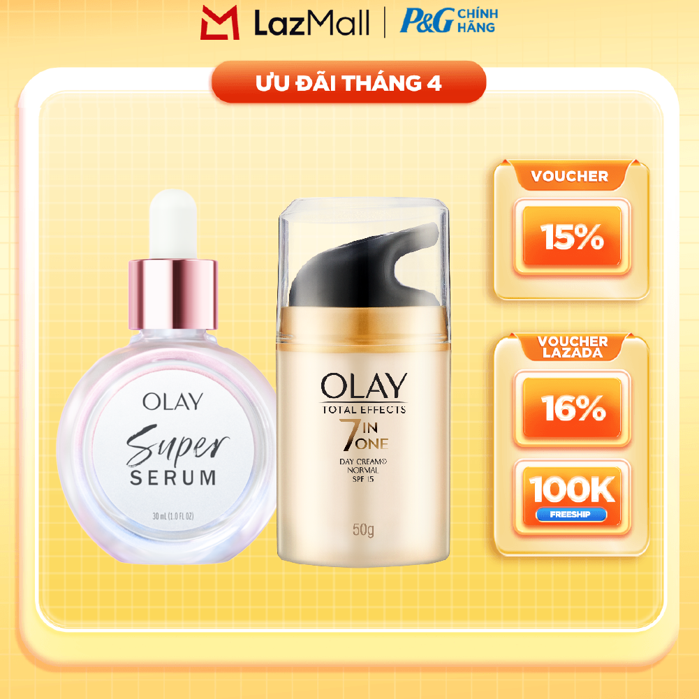 Combo 2 SUPER SERUM OLAY SỨC MẠNH TỪ 5 DƯỠNG CHẤT TRONG 1 - Chai 30ML Và Kem Dưỡng Ẩm OLAY TOTAL EFFECTS Ban Ngày 50G