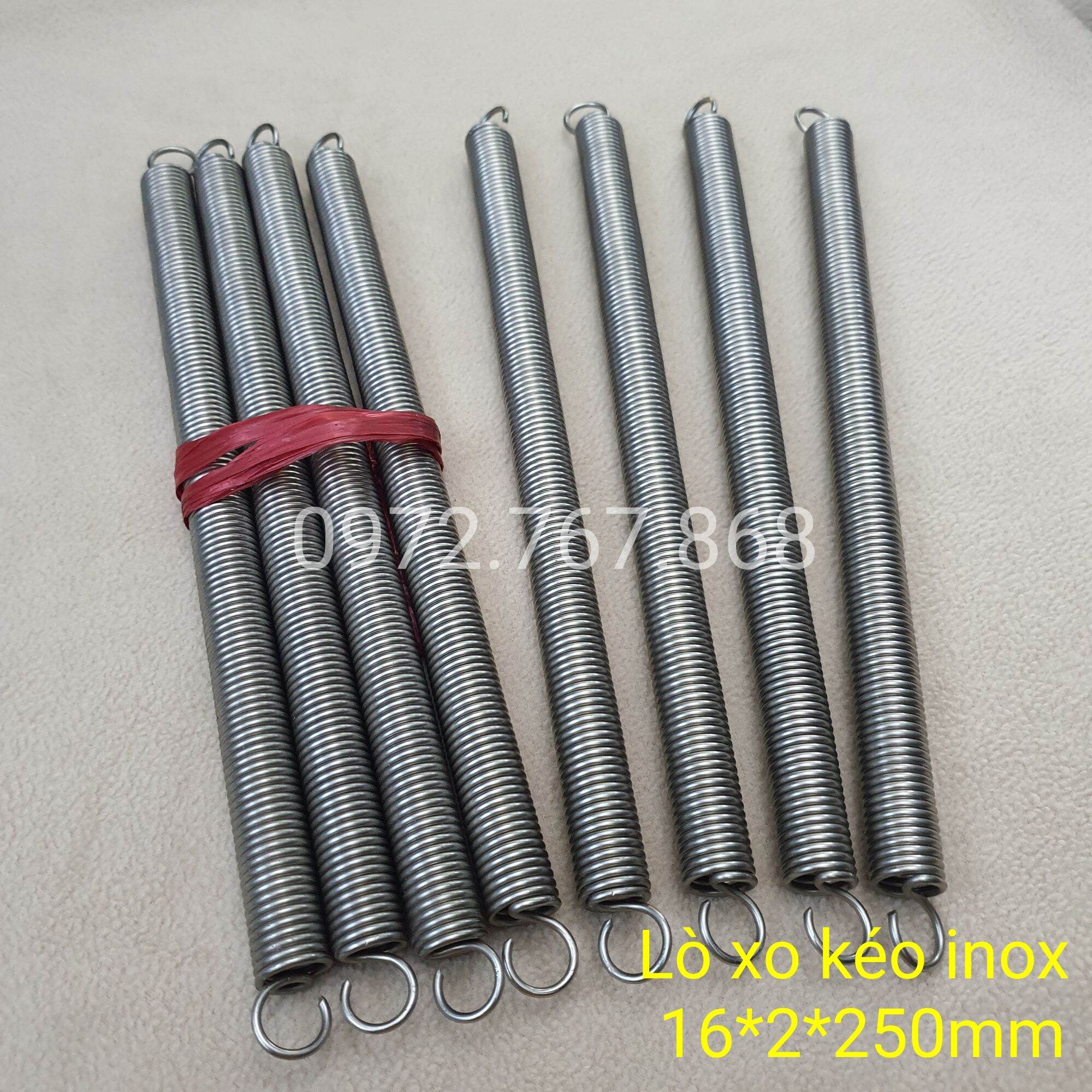 Lò xo kéo inox, phi ngoài 16mm, sợi inox 2mm, dài 250mm