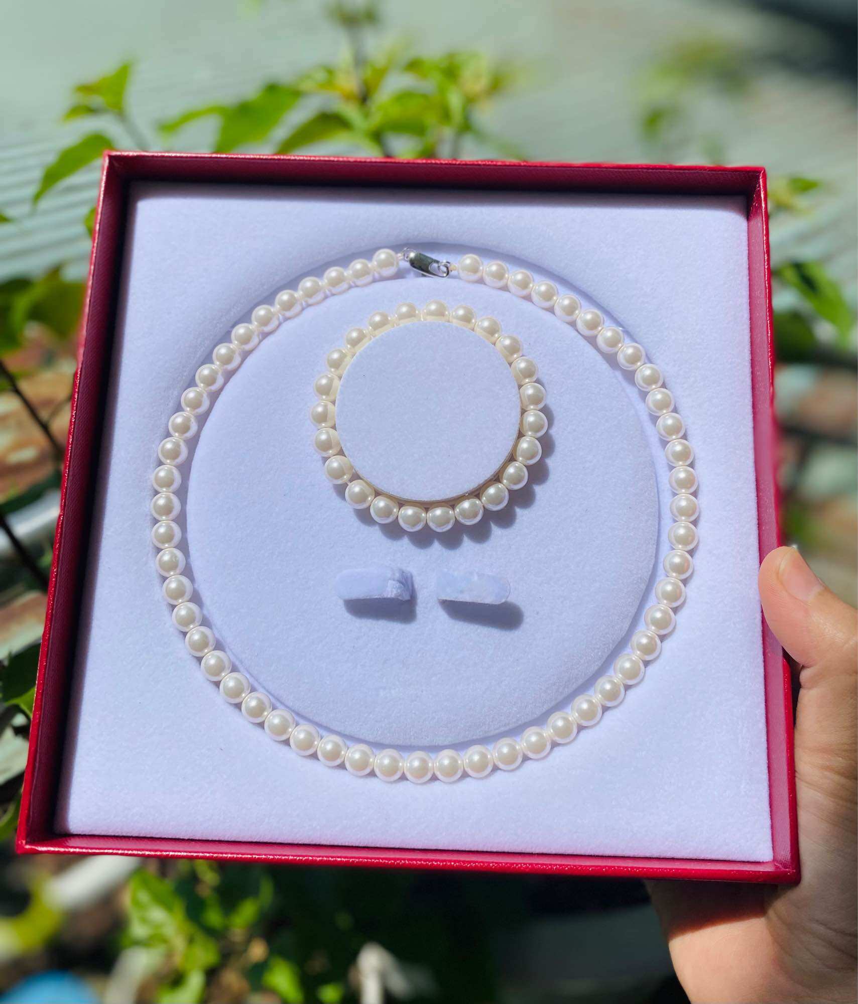 Bộ trang sức ngọc trai san hô, ngọc trai nhân tạo, hạt tròn size 8ly