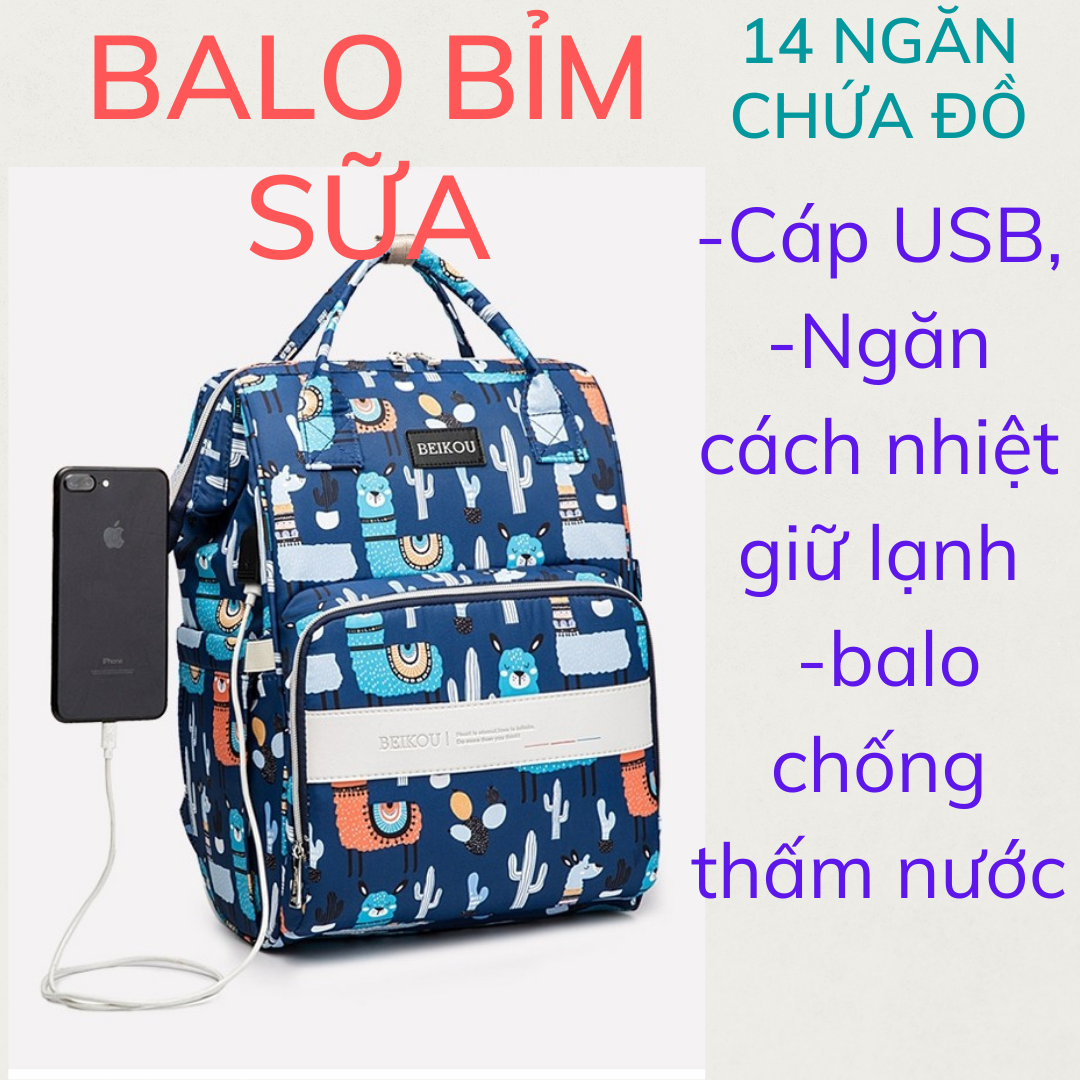 Balo bỉm sữa đa năng cho mẹ và bé, Balo du lịch mẹ Và bé ,balo beikou 14 ngăn chống nước giữ nhiệt bình sữa tích hợp USB