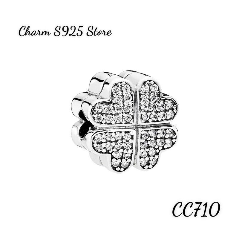 Charm pan ale đính đá cỏ 4 lá may mắn bạc s925