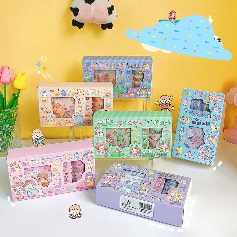 Hộp 5 cuộn washi và sticker dán trang trí