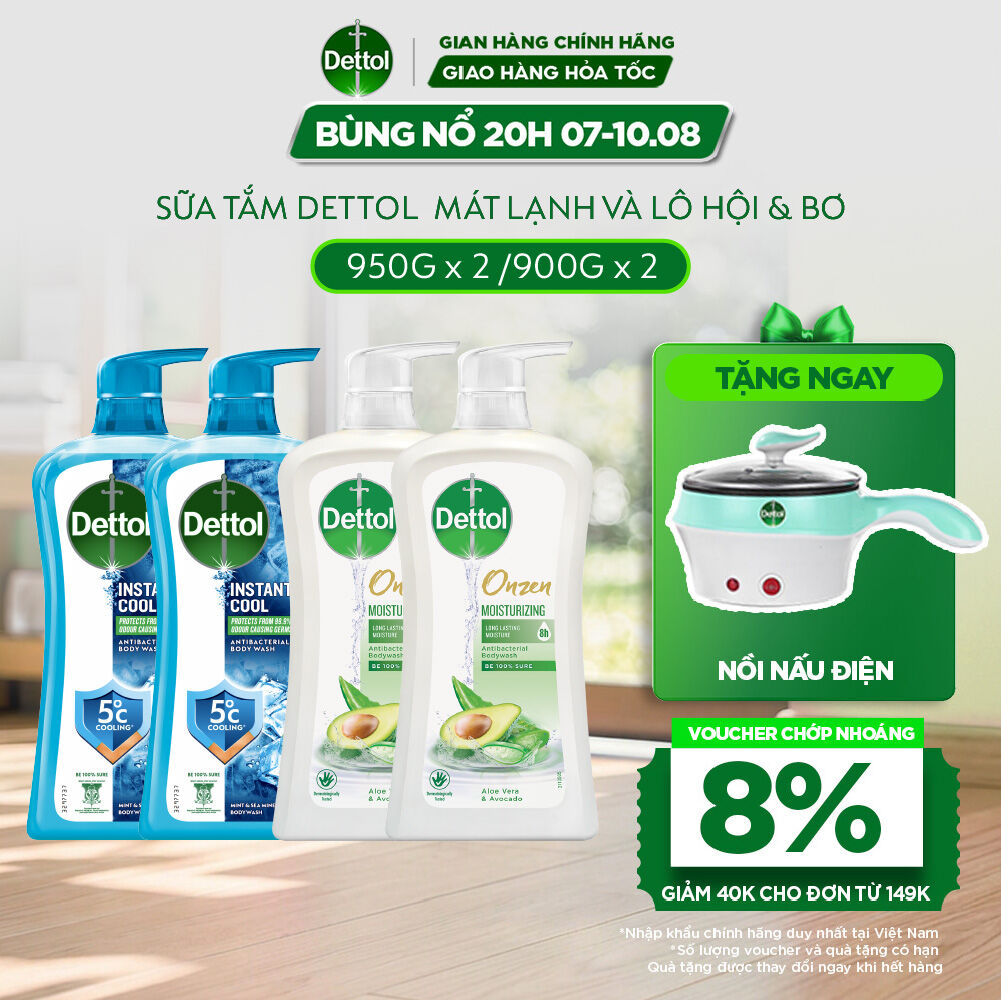 Combo 4 chai sữa tắm Dettol: 2 chai mát lạnh tức thì 950g và 2 chai Lô hội  Bơ 900g