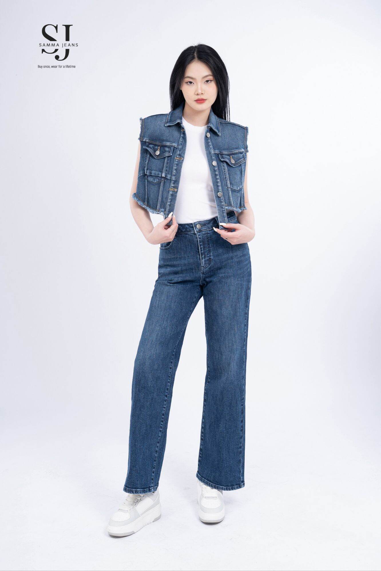 Quần Jean ống suông nữ đẹp SJP07_Quần bò nữ ống rộng basic chất vải thoáng mát co giãn 4 chiều, thương hiệu Samma Jeans