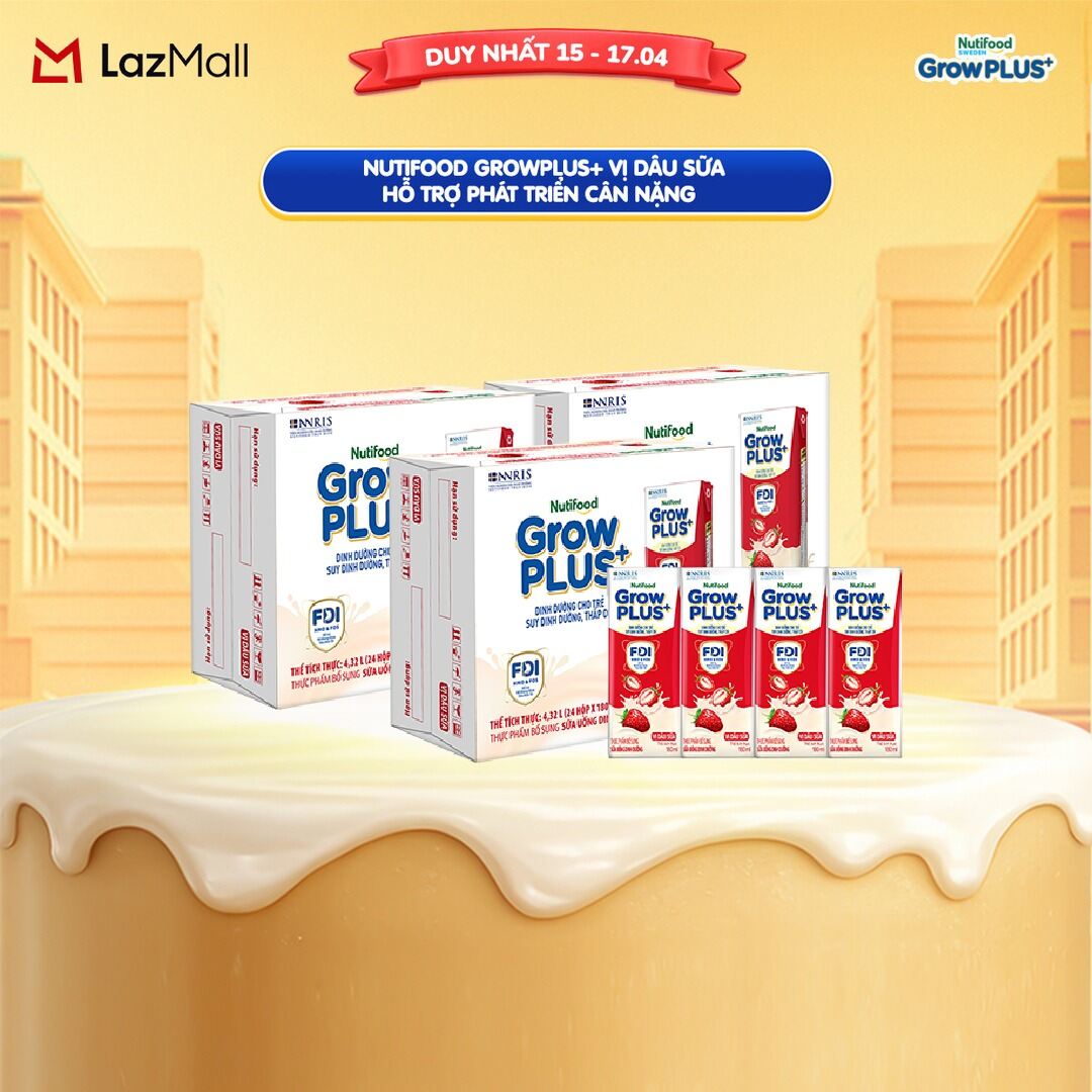 Combo 3 Thùng 24 hộp Sữa nước pha sẵn Nutifood GrowPLUS+ Vị Dâu Sữa hộp 180ml - Hỗ trợ phát triển cân nặng