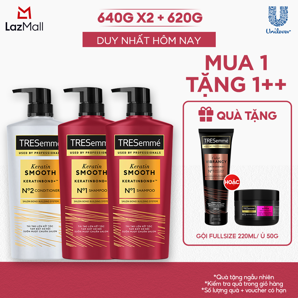 Combo 2 Dầu Gội Và 1 Dầu Xả TRESemmé Keratin Smooth KeratinBond+ Cho Tóc Vào Nếp Suôn Muột (640g X 2 Và 620g)
