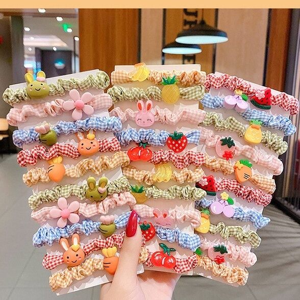 Set 5 dây buộc tóc vải nhún đính icon hoạt hình hoa quả trái cây