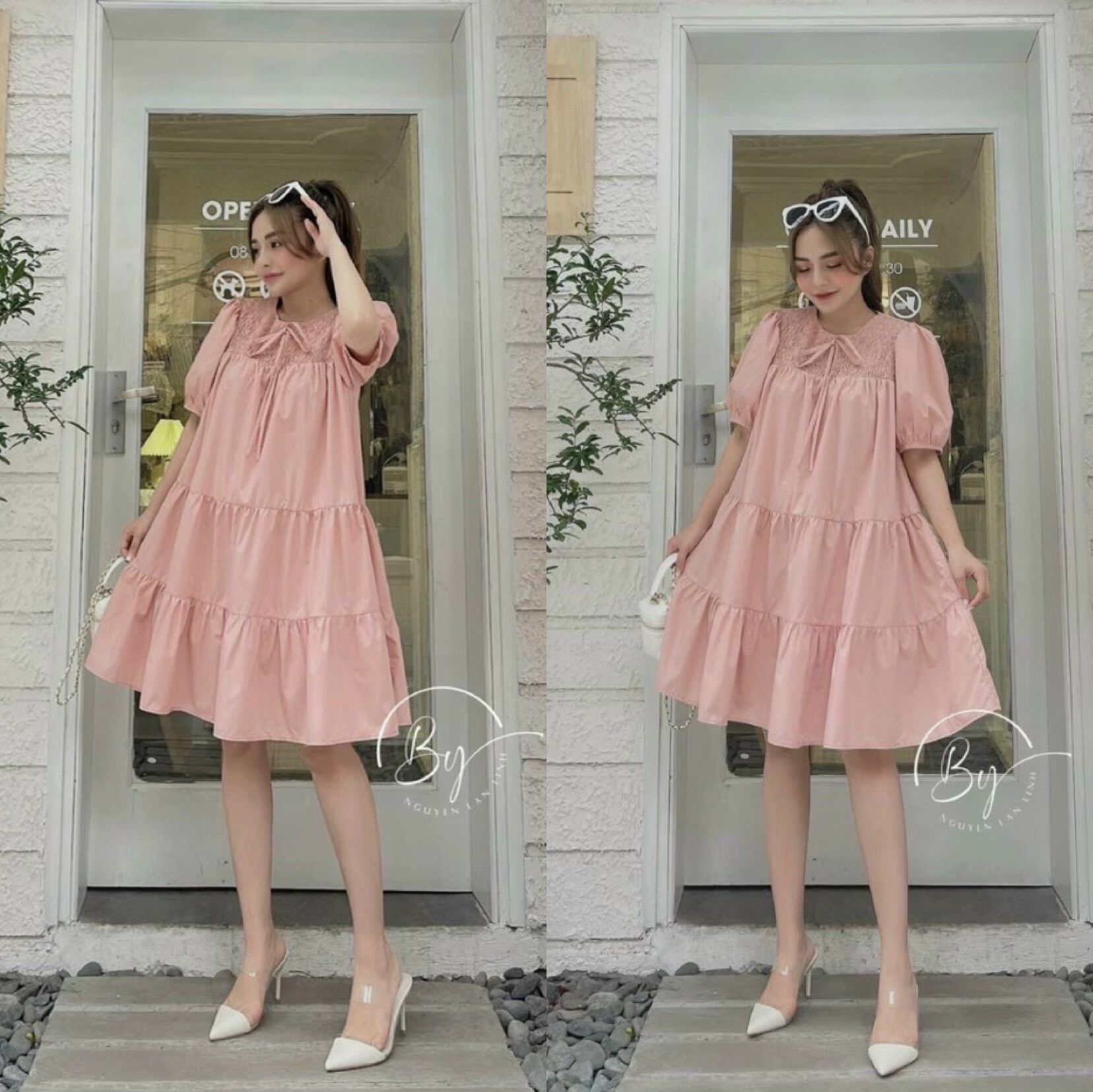 Đầm babydoll hồng tay phồng nhún ngực nơ nhỏ siêu dễ thương