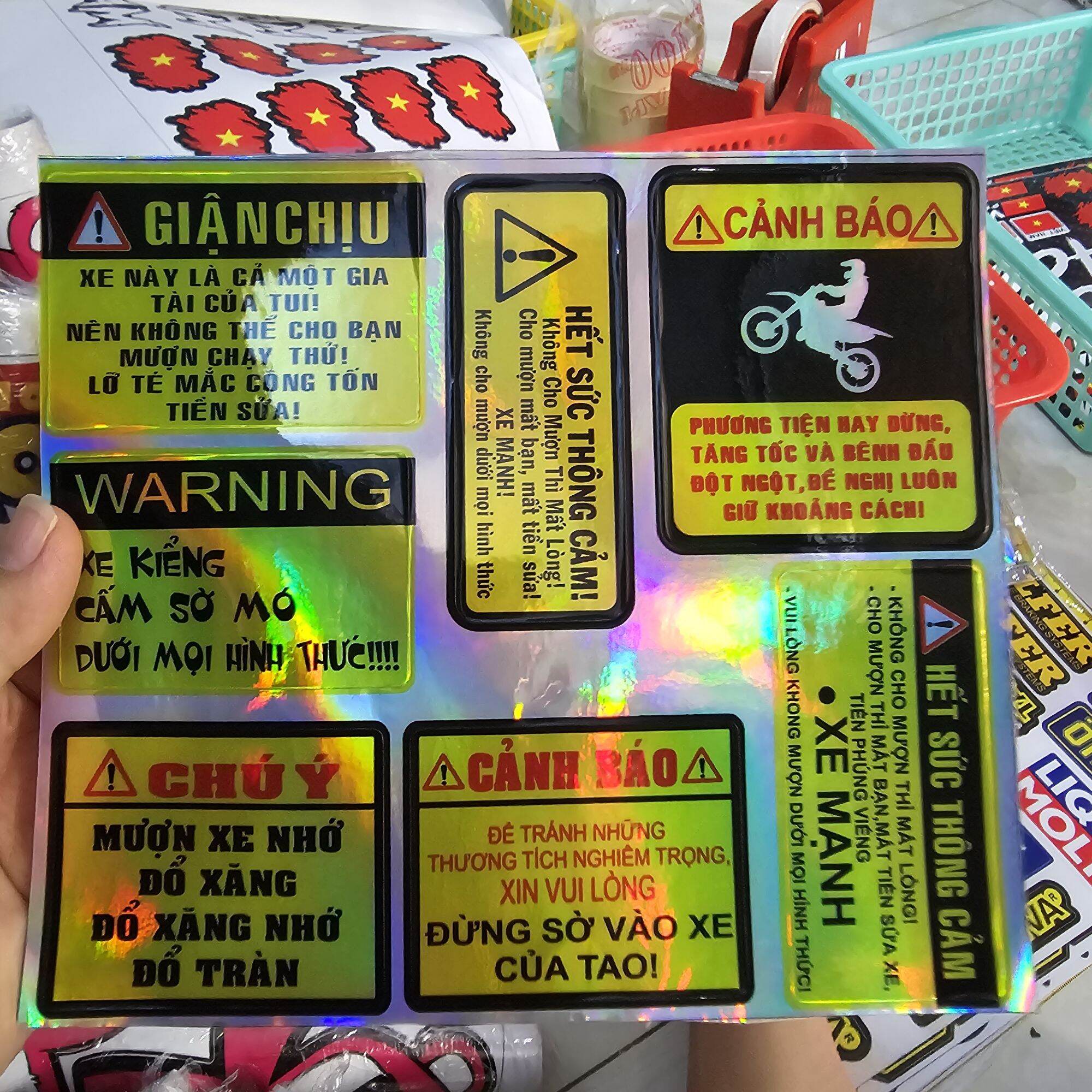 Combo 7 tem logo cảnh báo 7 màu dán trang trí xe máy