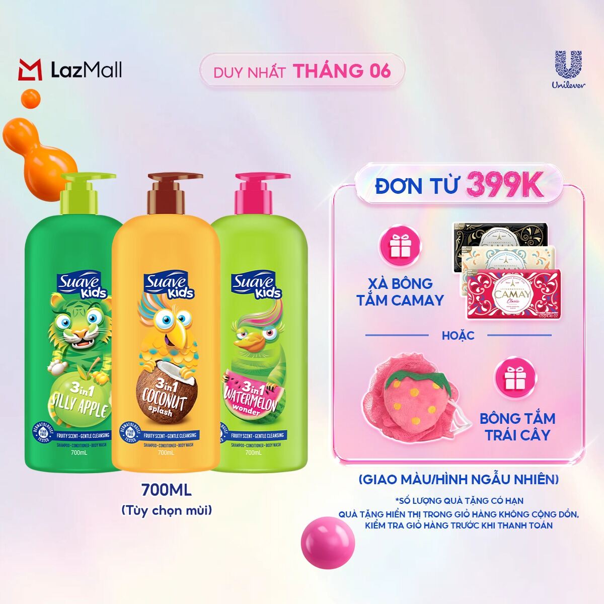 Sữa tắm gội trẻ em Suave Kids 3 trong 1 700ml (Hương Táo/Dưa Hấu/Dừa)