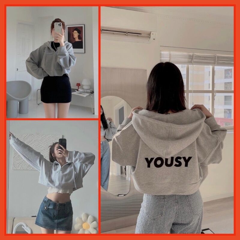 Áo khoác croptp Yousy nữ 🌹⚘🌹Hoodie zip khóa kéo from rộng tay bồng thể thao cá tính