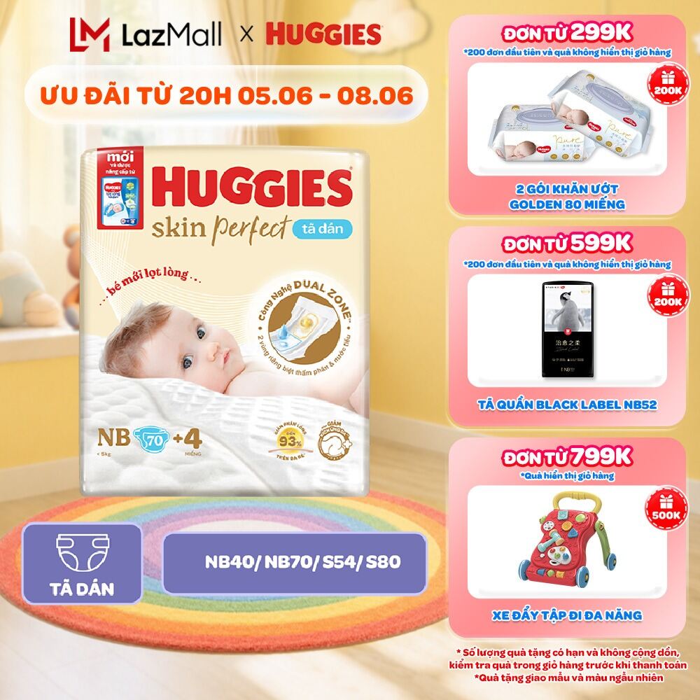 Tã/Bỉm Dán Sơ Sinh Huggies Skin Perfect NB/S/M với 2 Vùng Thấm Giảm Kích Ứng Da