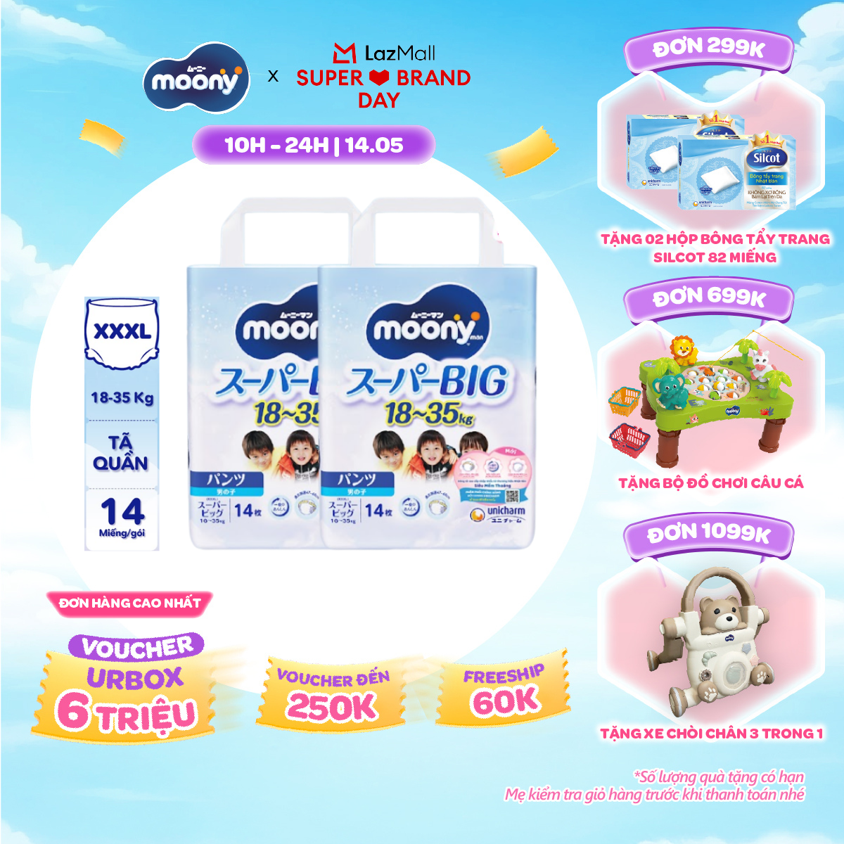 [SALE GIỮA THÁNG tặng QUÀ TO-SLCH] Combo 2 tã quần cao cấp Moony Bé Trai XXXL14 miếng - Nhập khẩu từ Nhật Bản