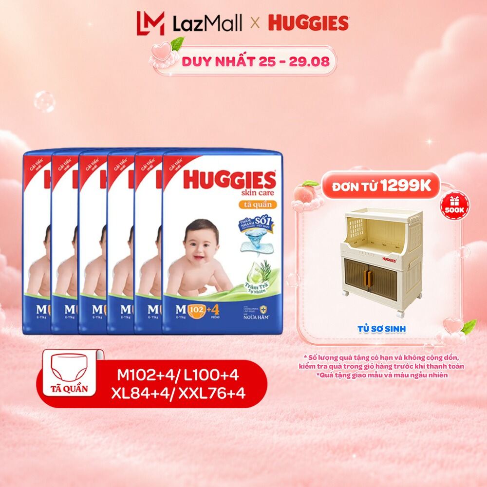 Combo 6 Tã/bỉm quần Huggies Skin Care Mega Jumbo M102/L100/XL84/XXL76 +4 miếng với tràm trà dịu da