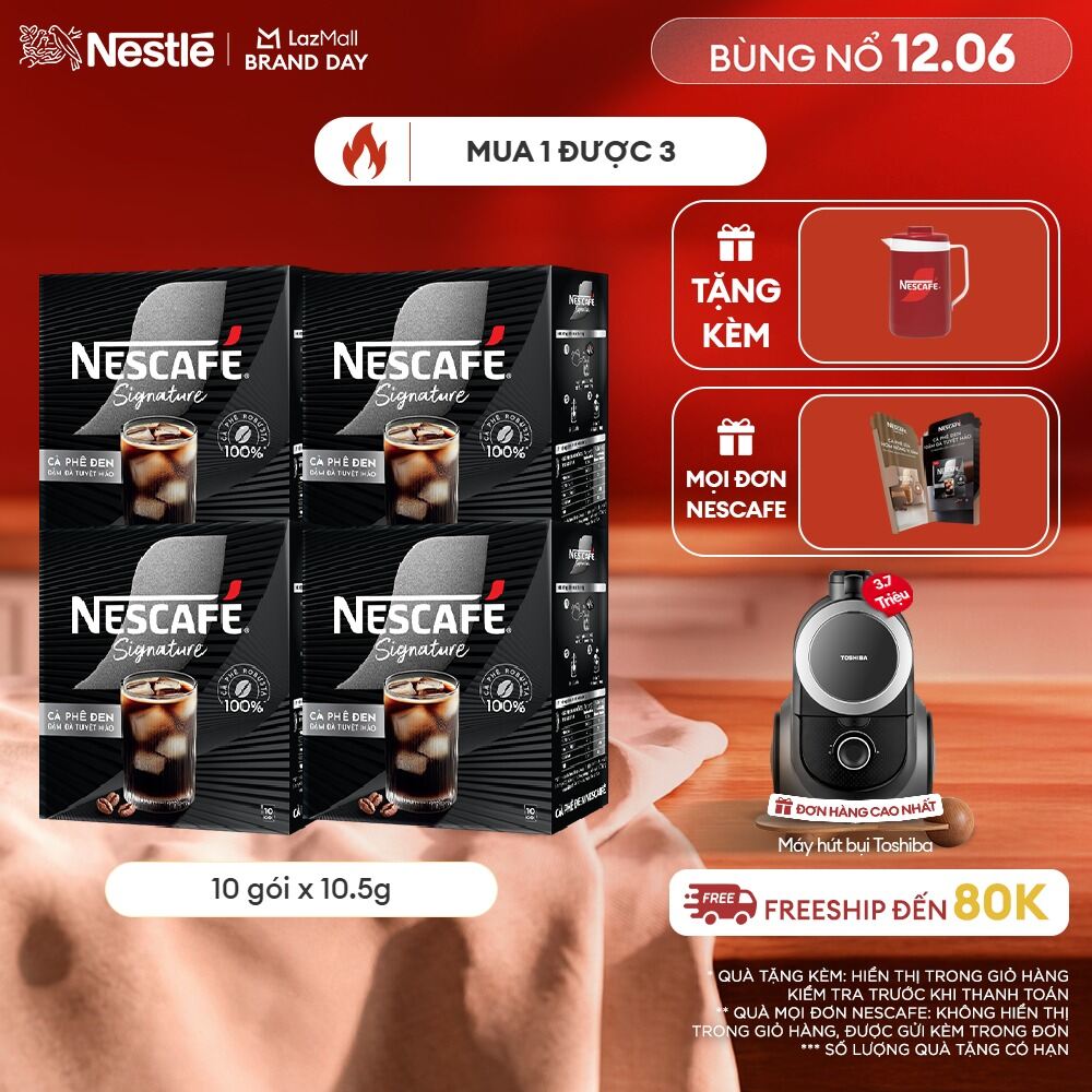 [ƯU ĐÃI THÁNG 6] Combo 4 hộp Cà phê đen hòa tan NESCAFÉ Signature Hộp 10 gói ĐẬM ĐÀ TUYỆT HẢO