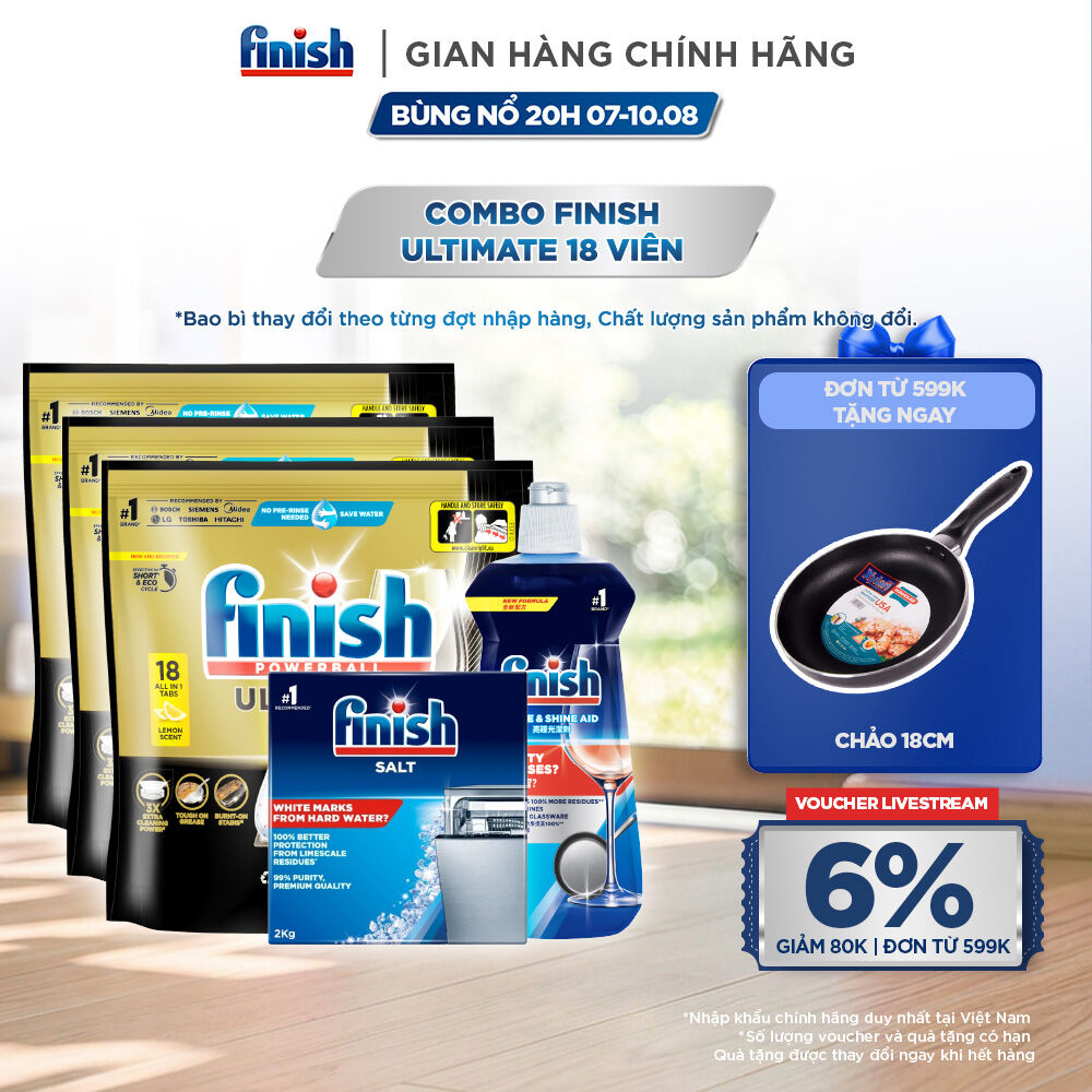 Combo 3 Túi rửa chén Finish Ultimate 18 viên + Nước làm bóng 500ml + Muối rửa chén 2kg