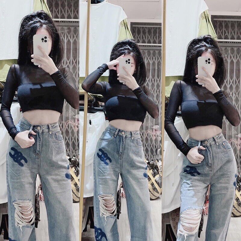 Ó croptop tay dài phối lưới cực ôm al123
