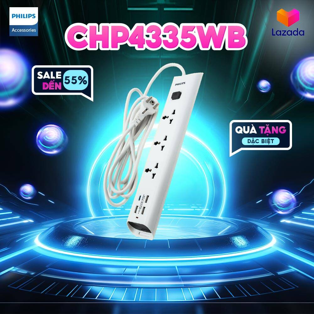 Ổ cắm điện đa năng philips chp4335wb 3 lỗ cắm, chịu tải 2500w, 3 usb-a + 1 type c sạc nhanh 2.4a, dây dài 3m