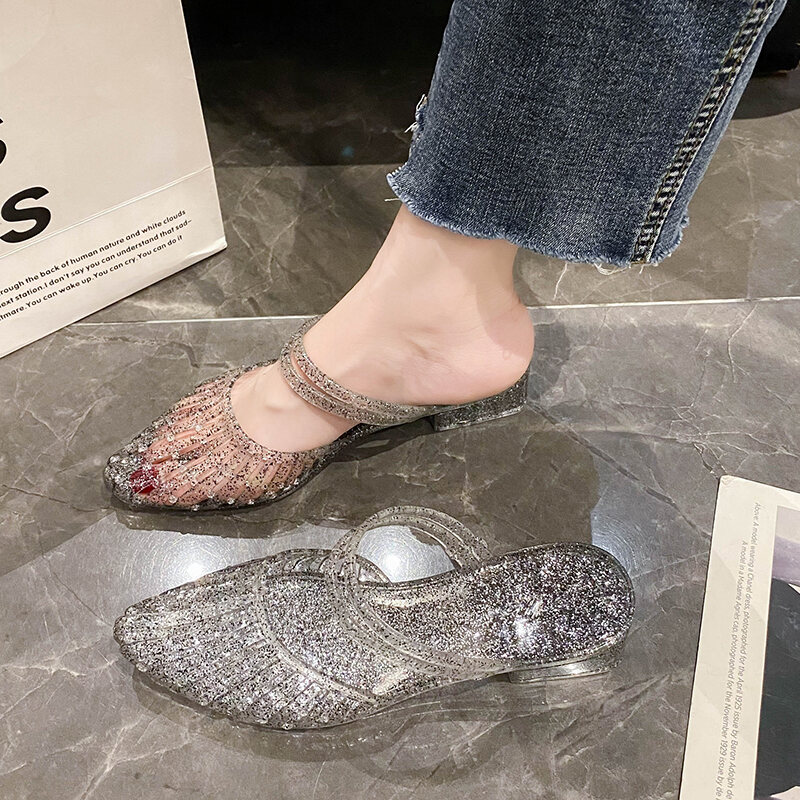 Giày Sandal Đế Bằng Mềm Mại Dễ Thương Đính Khóa CRYSTAL Đế Nhựa Ôm Vừa Vặn Thoải Mái Cho Nữ Giày Thường Ngày Mùa Xuân Mùa Hè