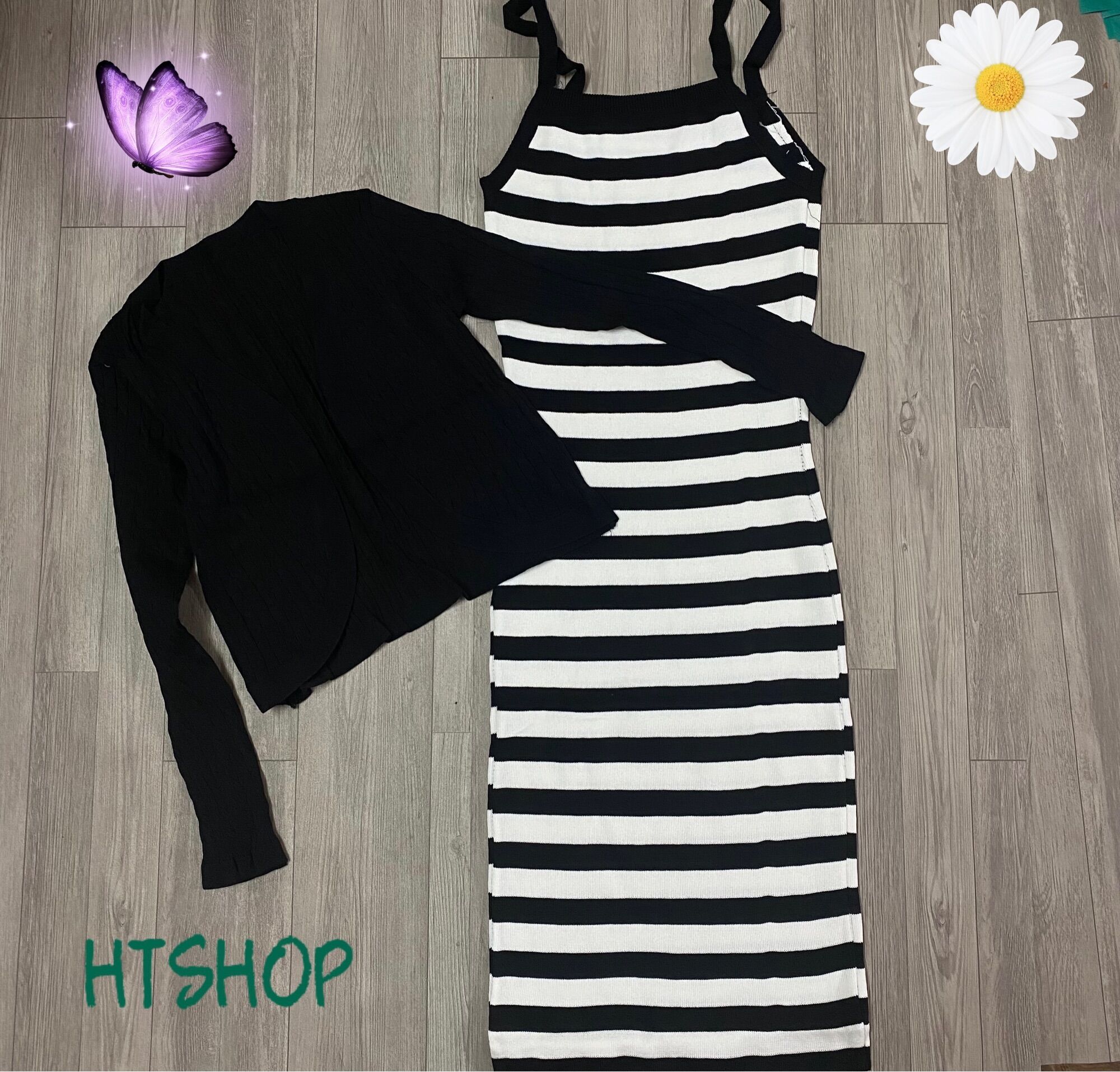 Set váy len 2 dây kẻ sọc body và áo khoác thừng QC hot hit
