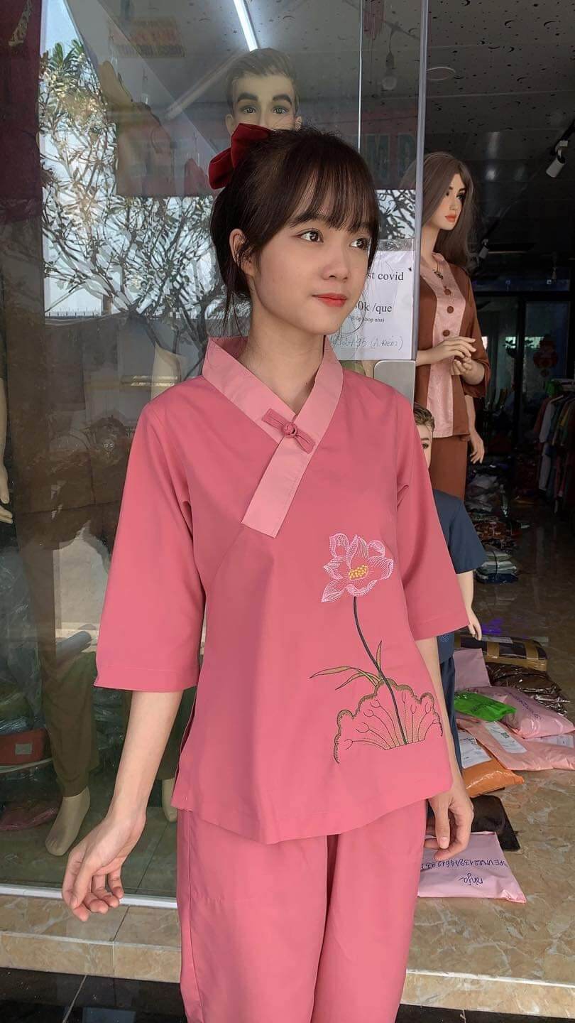 Đồ lam đi chùa - mẫu nữ 1 nút thêu sen vải kate và tixi loại 1