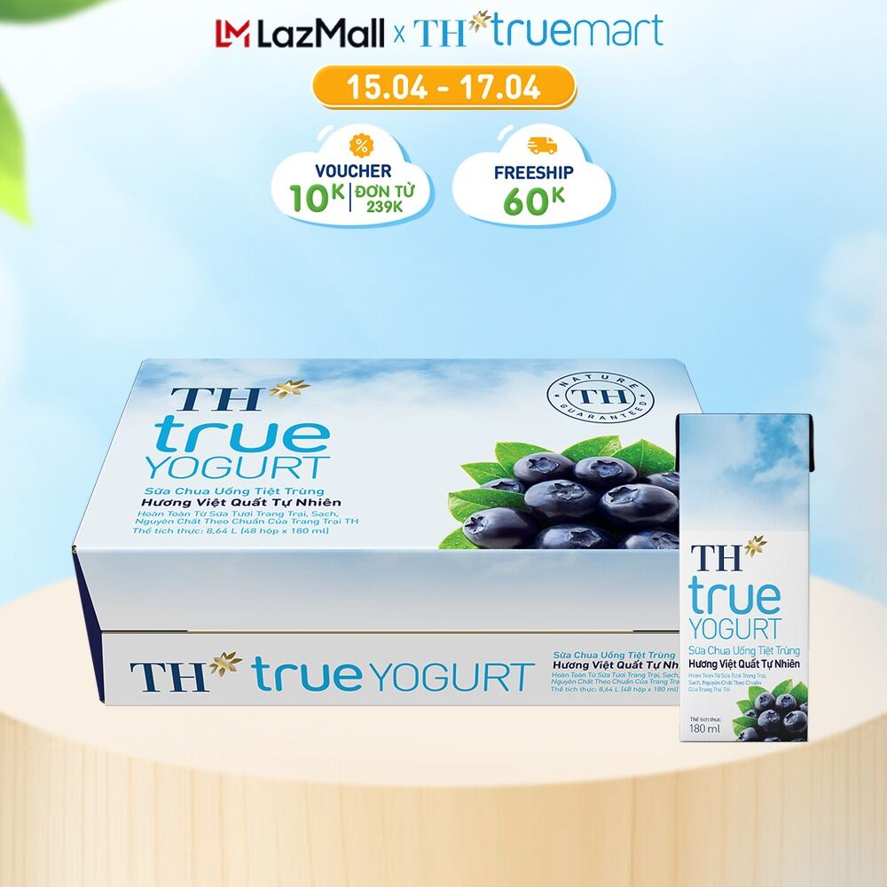 Thùng 48 hộp sữa chua uống tiệt trùng TH true YOGURT hương việt quất tự nhiên 180 ml (180 ml x 48)