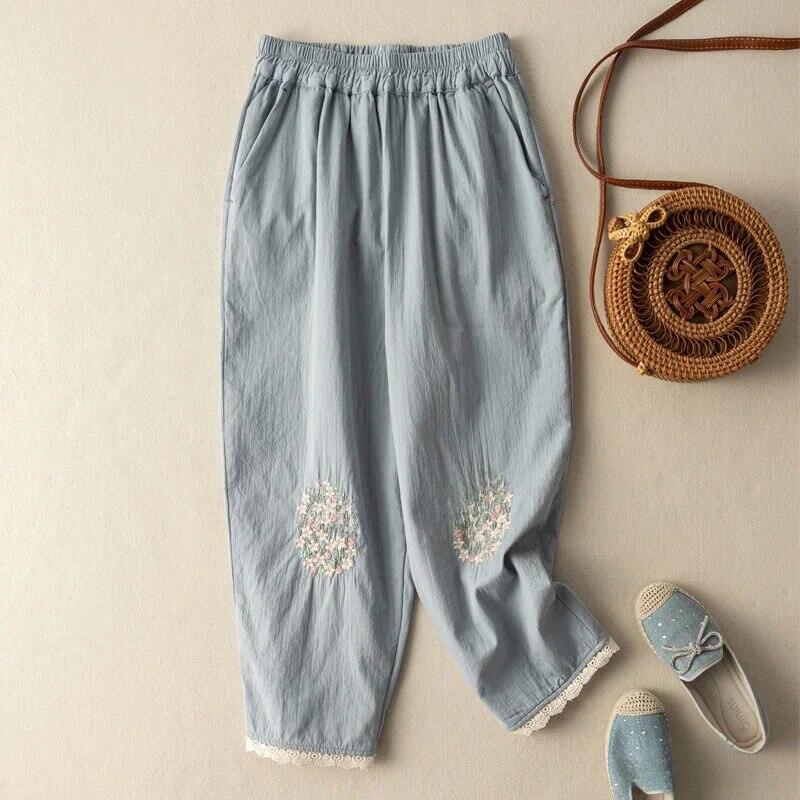 Vải lanh cotton viền ren thêu quần áo mùa hè dáng rộng harlan nghệ thuật bóng đèn cho nữ