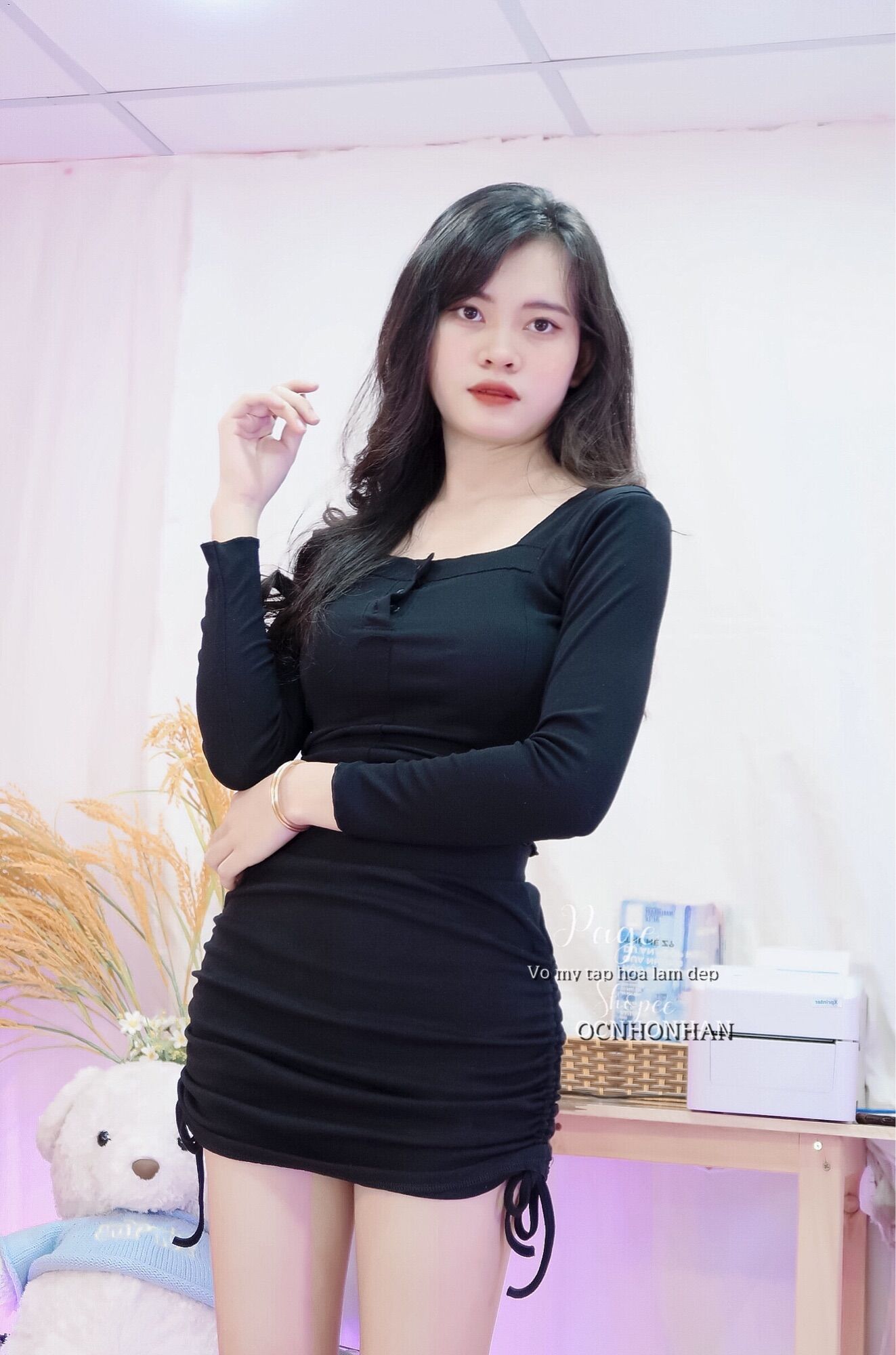 Set áo tay dài nút phối chân váy rút dây